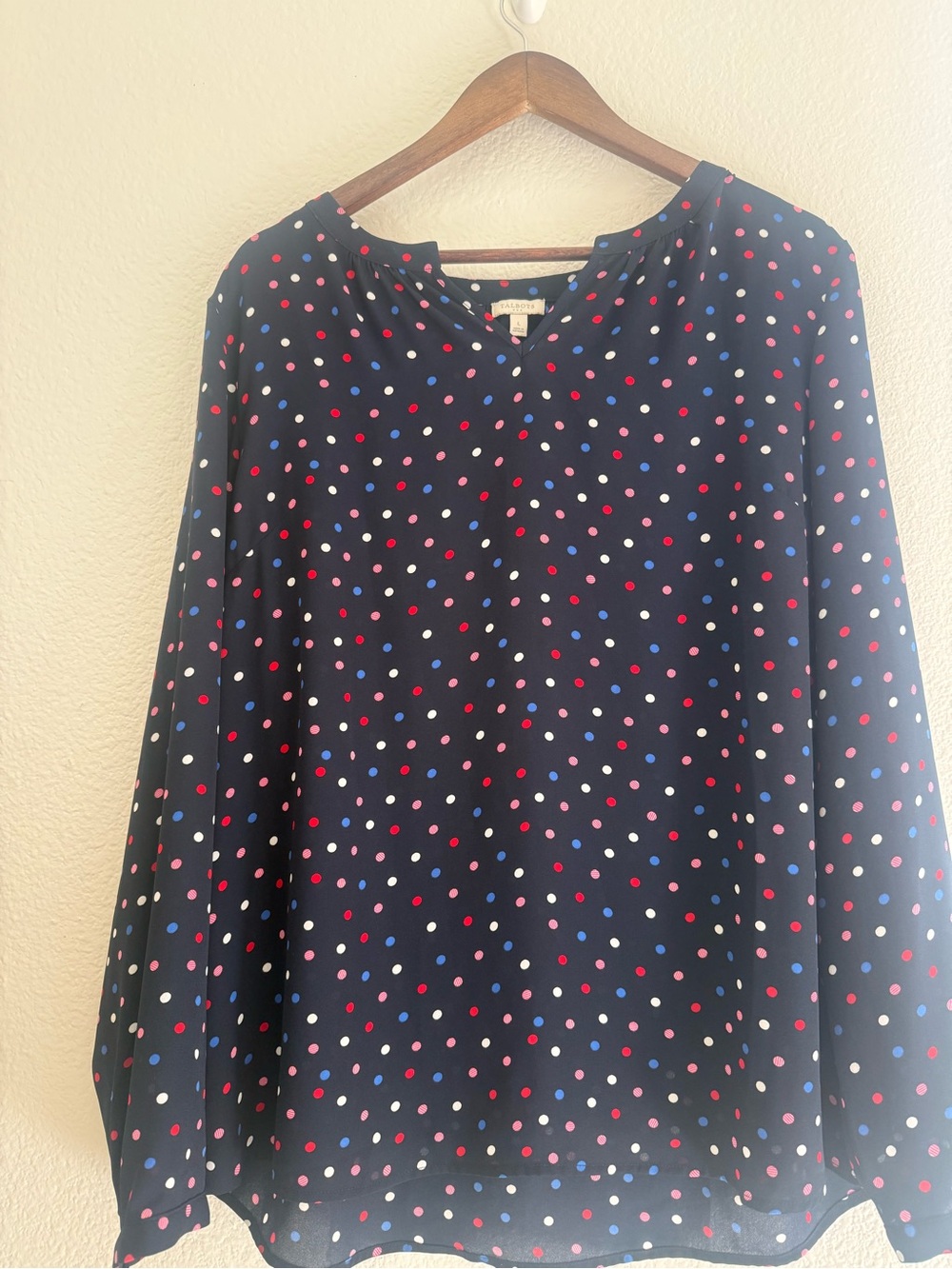 Talbots Navy Polka Dot Long-Sleeve Blouse with Red, White & Blue Dots